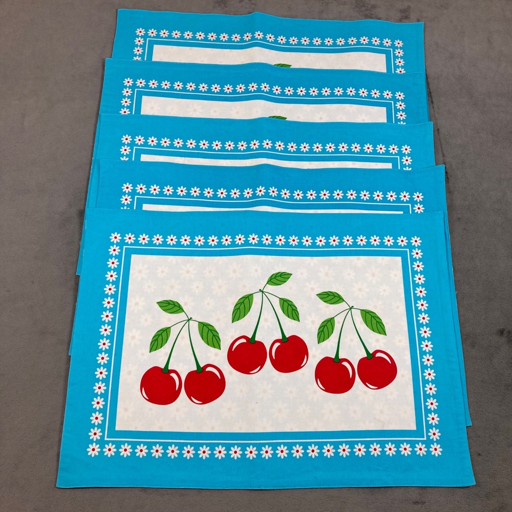 Hobby Lobby Bowl of Cherries Placemats Set of 5 Blue Daisy Floral Cotton Retro